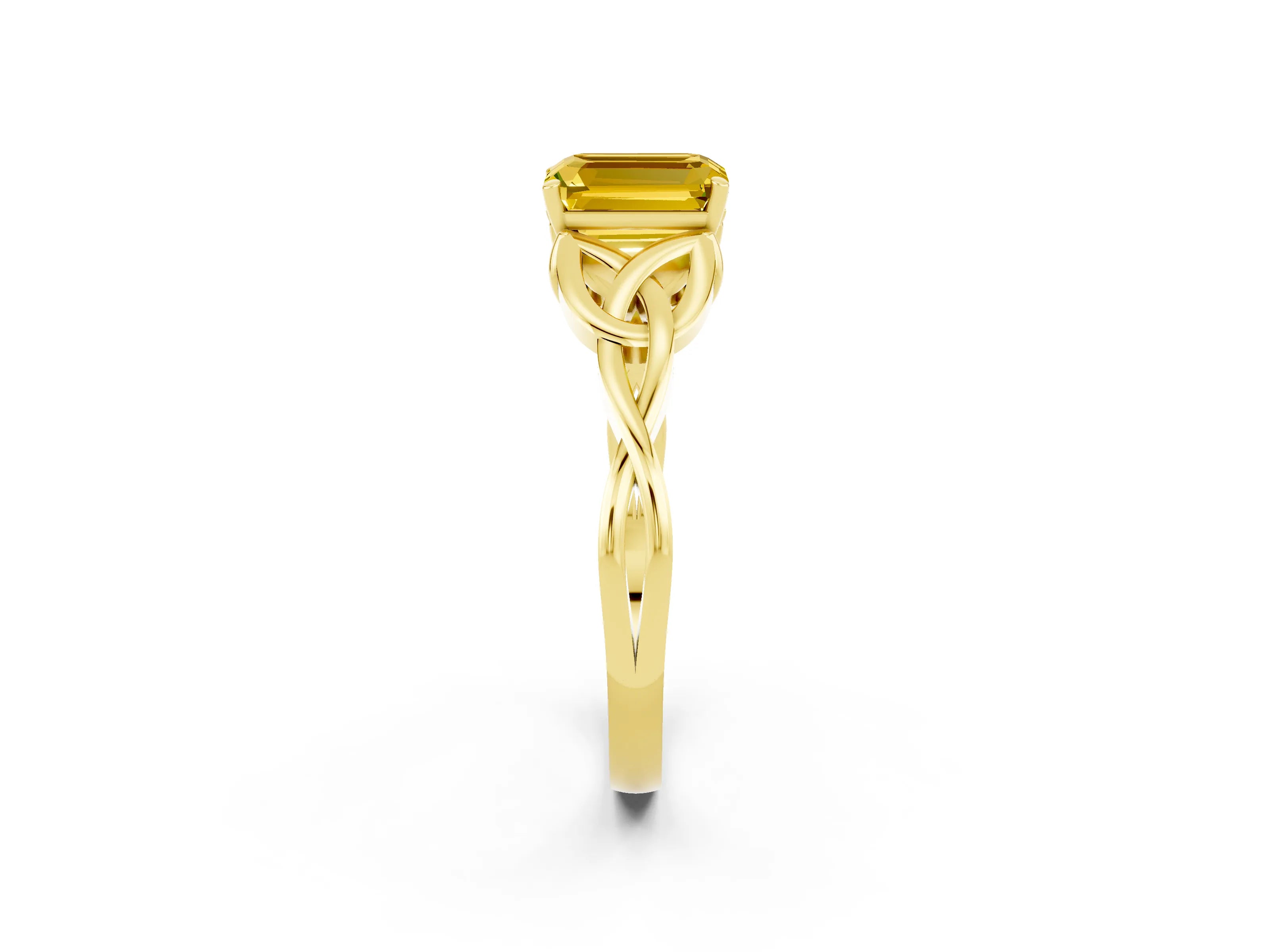 Yellow gold Emerald Cut Yellow Sapphire Solitaire Engagement Ring with Celtic Knot Band and Four-Prong Setting_26
