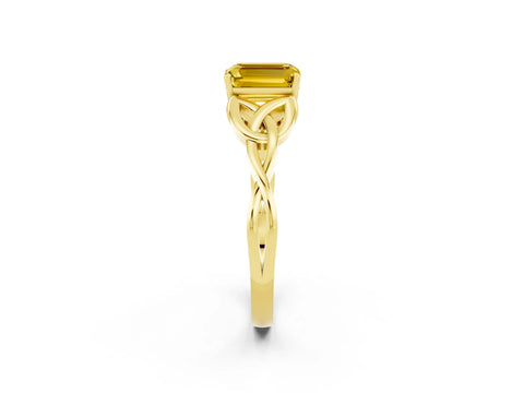 Yellow gold Emerald Cut Yellow Sapphire Solitaire Engagement Ring with Celtic Knot Band and Four-Prong Setting_26