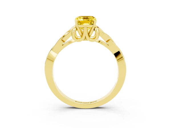 Yellow gold Emerald Cut Yellow Sapphire Solitaire Engagement Ring with Celtic Knot Band and Four-Prong Setting