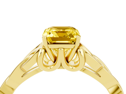 Yellow gold Emerald Cut Yellow Sapphire Solitaire Engagement Ring with Celtic Knot Band and Four-Prong Setting_28