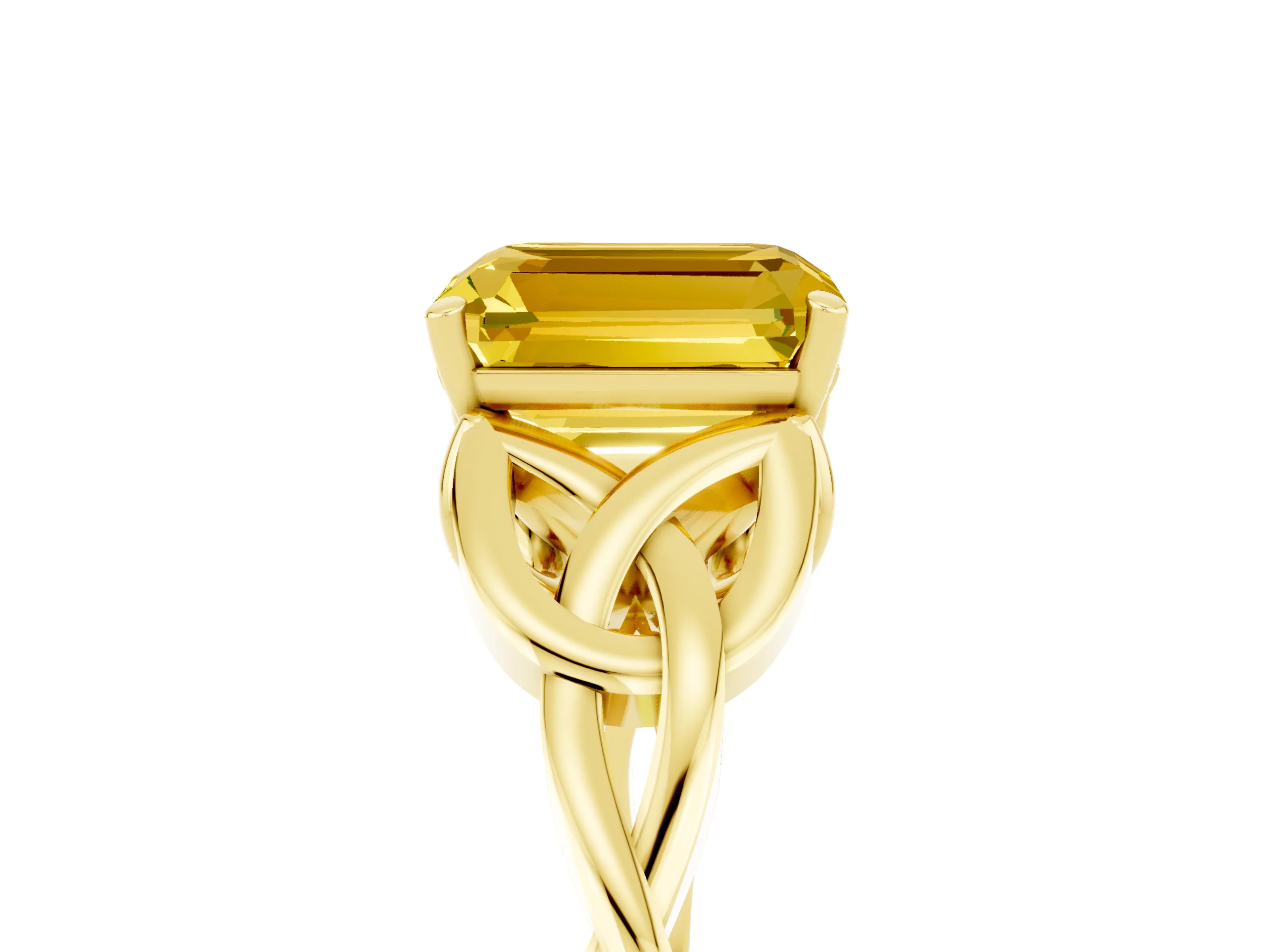 Yellow gold Emerald Cut Yellow Sapphire Solitaire Engagement Ring with Celtic Knot Band and Four-Prong Setting_29