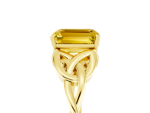 Yellow gold Emerald Cut Yellow Sapphire Solitaire Engagement Ring with Celtic Knot Band and Four-Prong Setting_29
