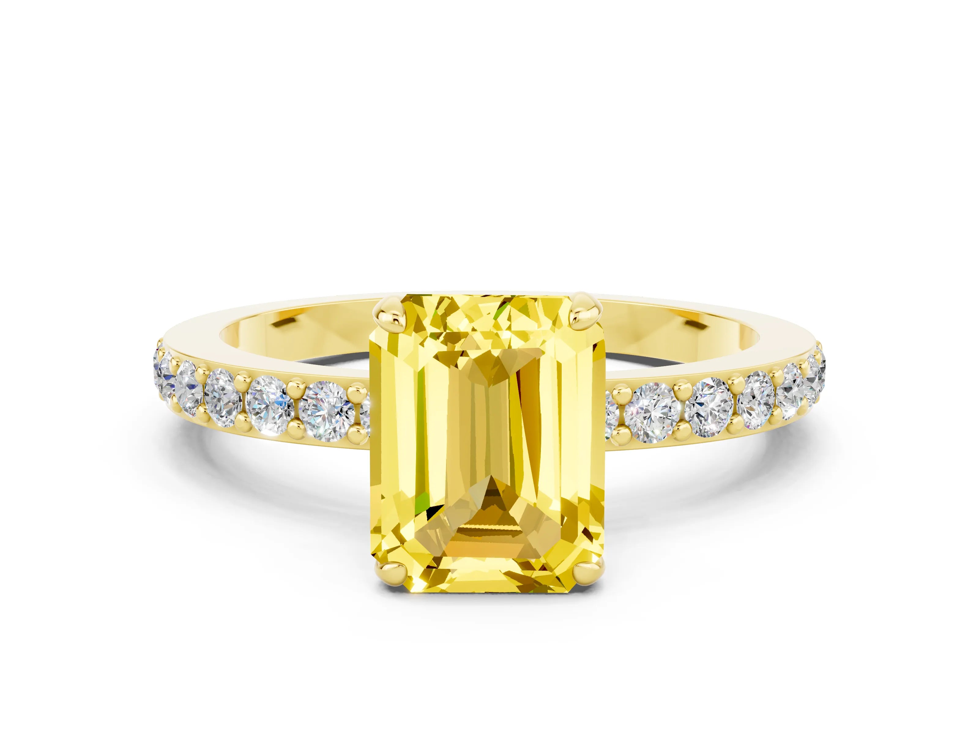Yellow gold Emerald Cut Yellow Sapphire Solitaire Engagement Ring with Pavé Band and Four-Prong Setting_24