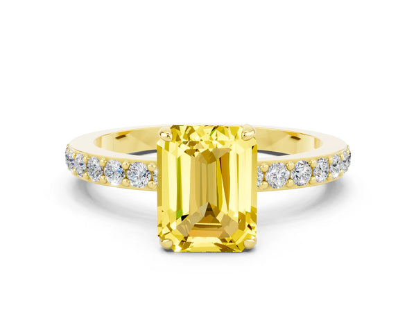 Yellow gold Emerald Cut Yellow Sapphire Solitaire Engagement Ring with Pavé Band and Four-Prong Setting