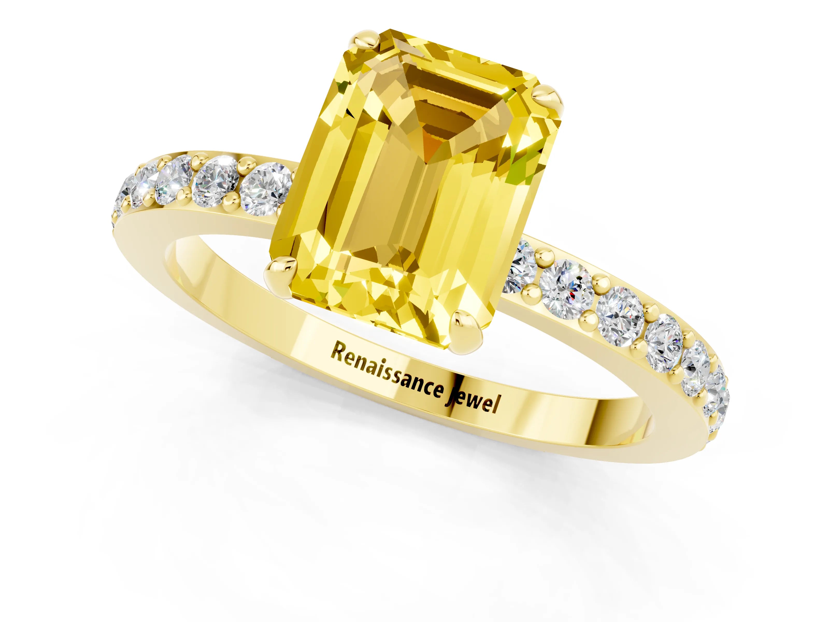 Yellow gold Emerald Cut Yellow Sapphire Solitaire Engagement Ring with Pavé Band and Four-Prong Setting_25