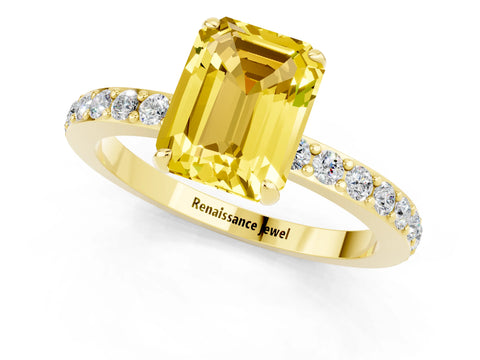 Yellow gold Emerald Cut Yellow Sapphire Solitaire Engagement Ring with Pavé Band and Four-Prong Setting_25