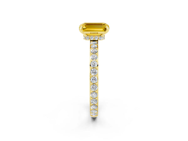 Yellow gold Emerald Cut Yellow Sapphire Solitaire Engagement Ring with Pavé Band and Four-Prong Setting
