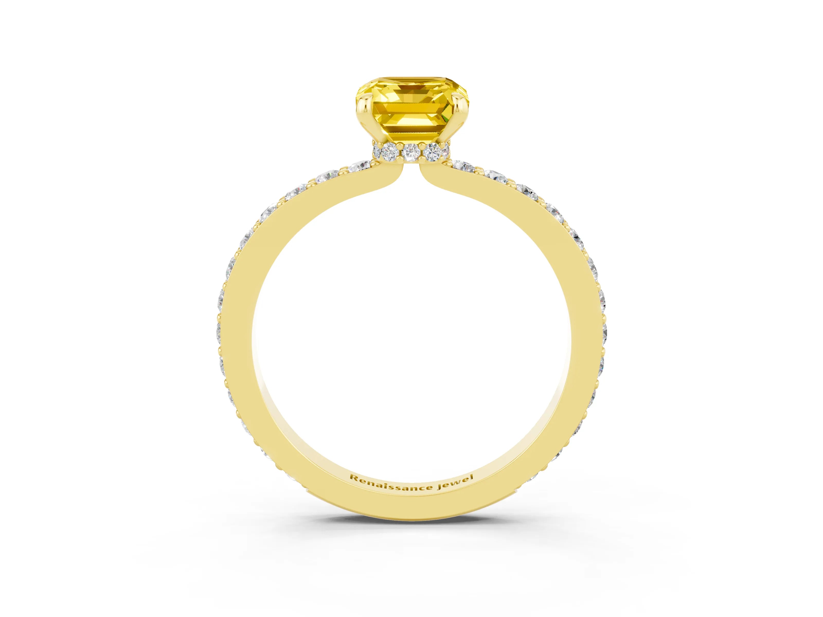 Yellow gold Emerald Cut Yellow Sapphire Solitaire Engagement Ring with Pavé Band and Four-Prong Setting_27