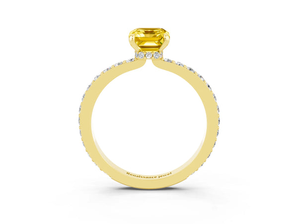 Yellow gold Emerald Cut Yellow Sapphire Solitaire Engagement Ring with Pavé Band and Four-Prong Setting