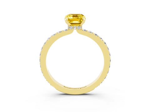 Yellow gold Emerald Cut Yellow Sapphire Solitaire Engagement Ring with Pavé Band and Four-Prong Setting_27