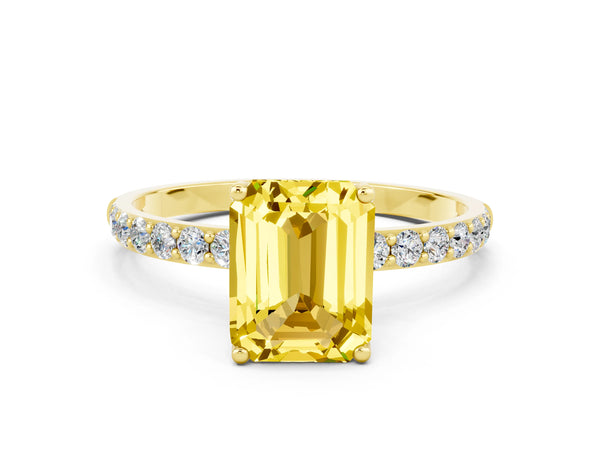 Yellow gold Emerald Cut Yellow Sapphire Solitaire Engagement Ring with Round  Pavé Band and Prong Setting