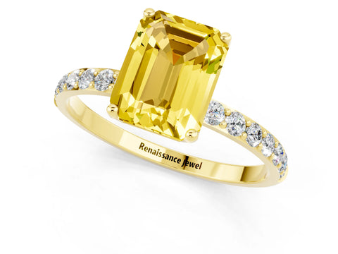 Yellow gold Emerald Cut Yellow Sapphire Solitaire Engagement Ring with Pavé Band and Prong Setting_1