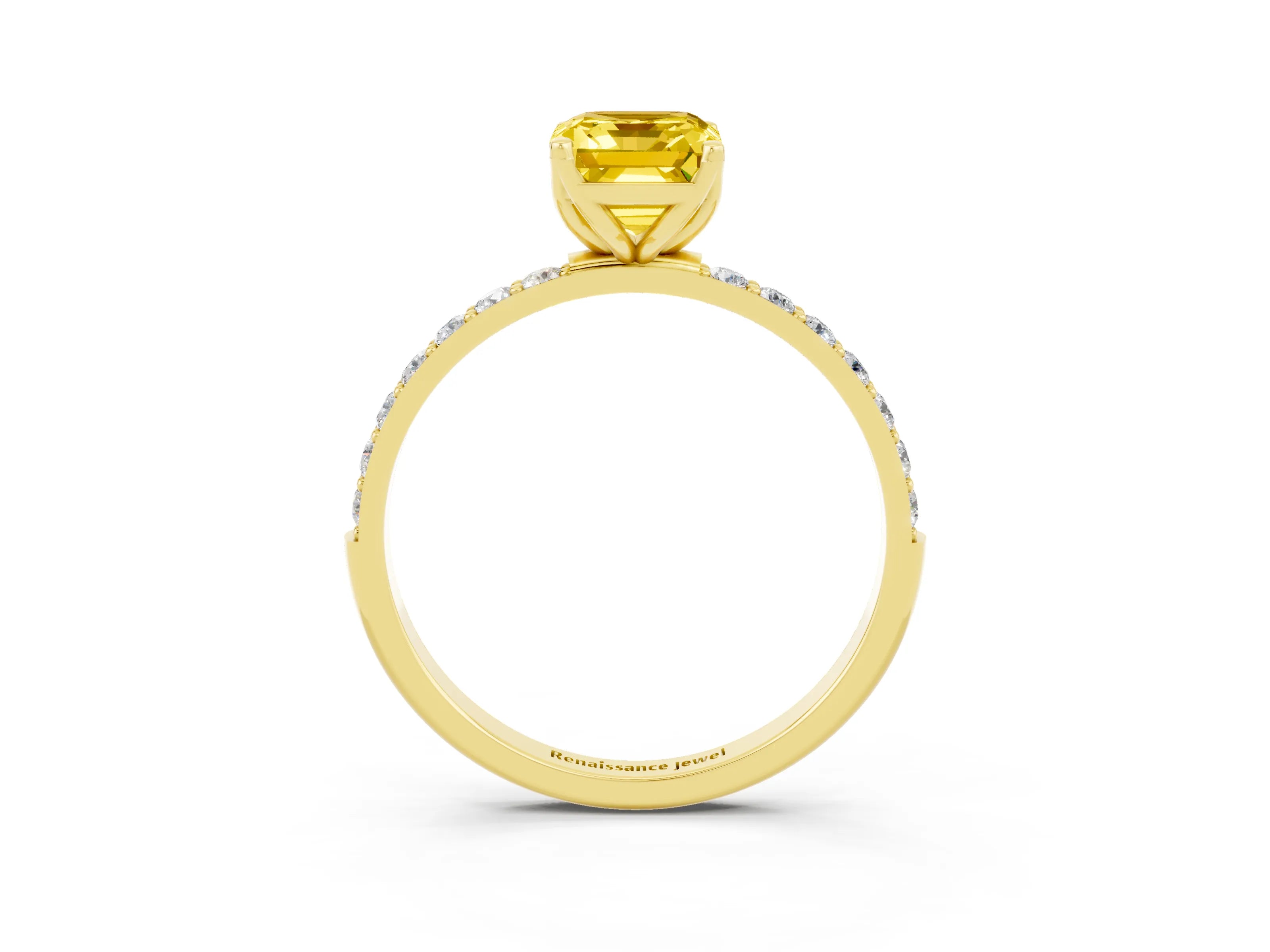 Yellow gold Emerald Cut Yellow Sapphire Solitaire Engagement Ring with Pavé Band and Prong Setting_3