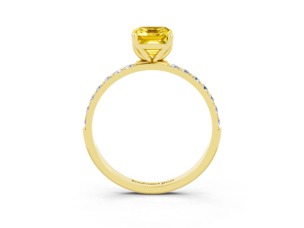 Yellow gold Emerald Cut Yellow Sapphire Solitaire Engagement Ring with Round  Pavé Band and Prong Setting