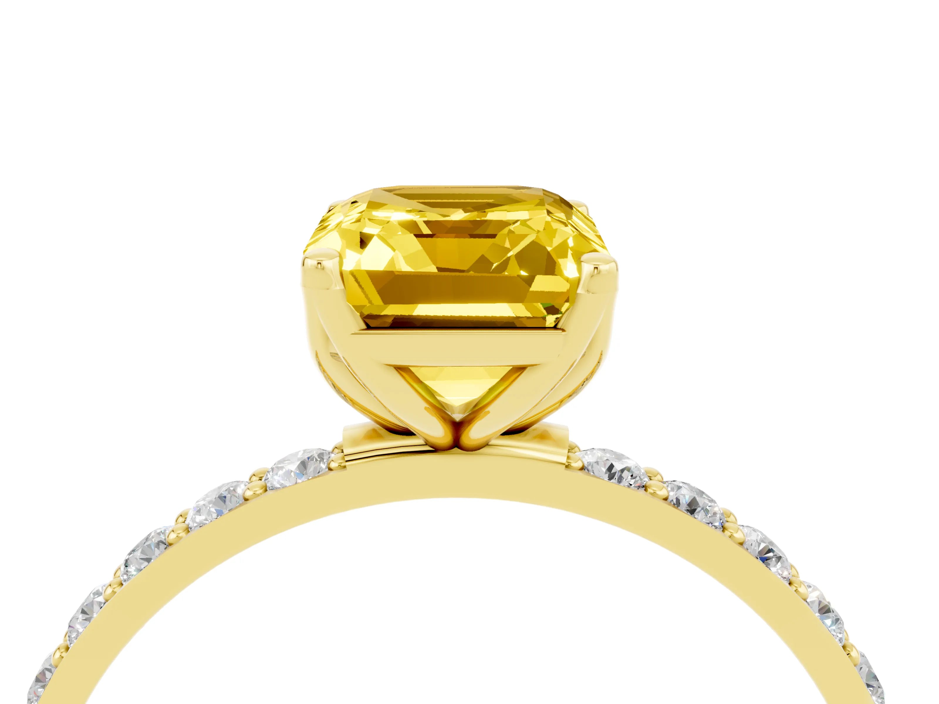 Yellow gold Emerald Cut Yellow Sapphire Solitaire Engagement Ring with Pavé Band and Prong Setting_4