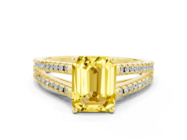 Yellow gold Emerald Cut Yellow Sapphire Solitaire Engagement Ring with Split Shank Pavé Band