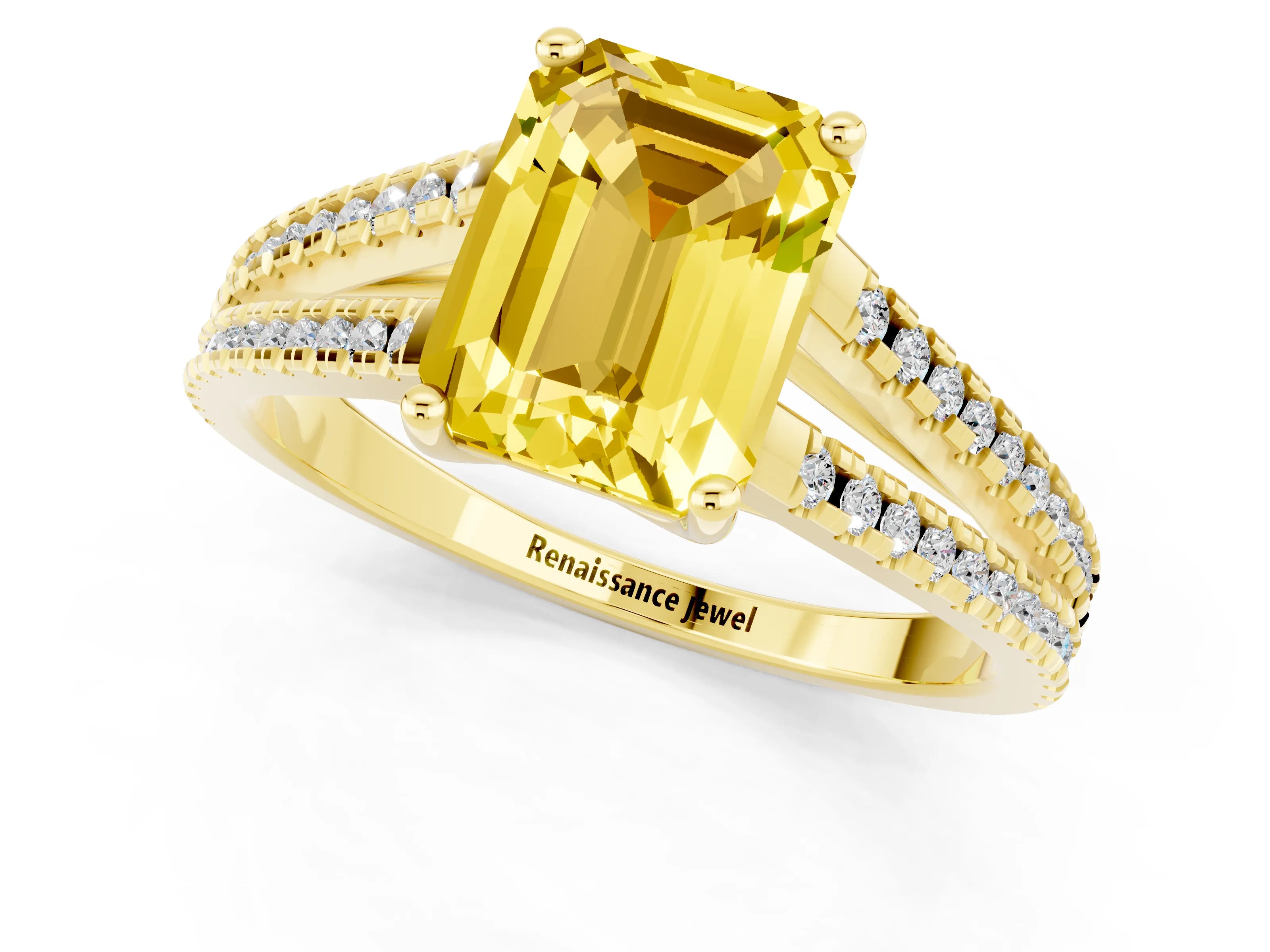 Yellow gold Emerald Cut Yellow Sapphire Solitaire Engagement Ring with Split Shank Pavé Band_13