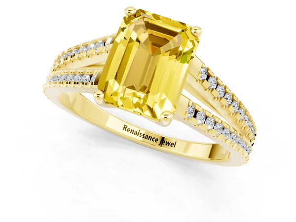 Yellow gold Emerald Cut Yellow Sapphire Solitaire Engagement Ring with Split Shank Pavé Band