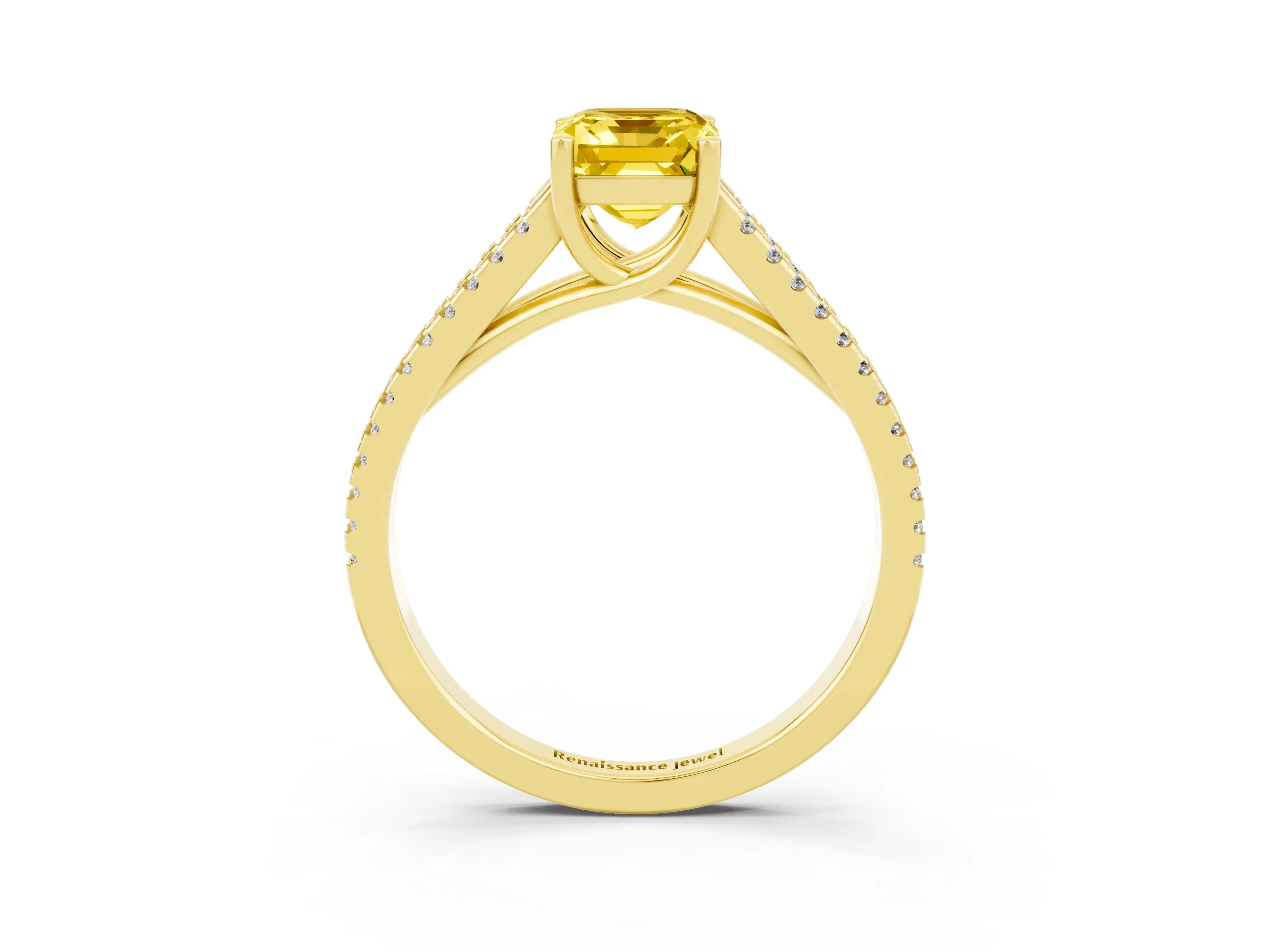 Yellow gold Emerald Cut Yellow Sapphire Solitaire Engagement Ring with Split Shank Pavé Band_15