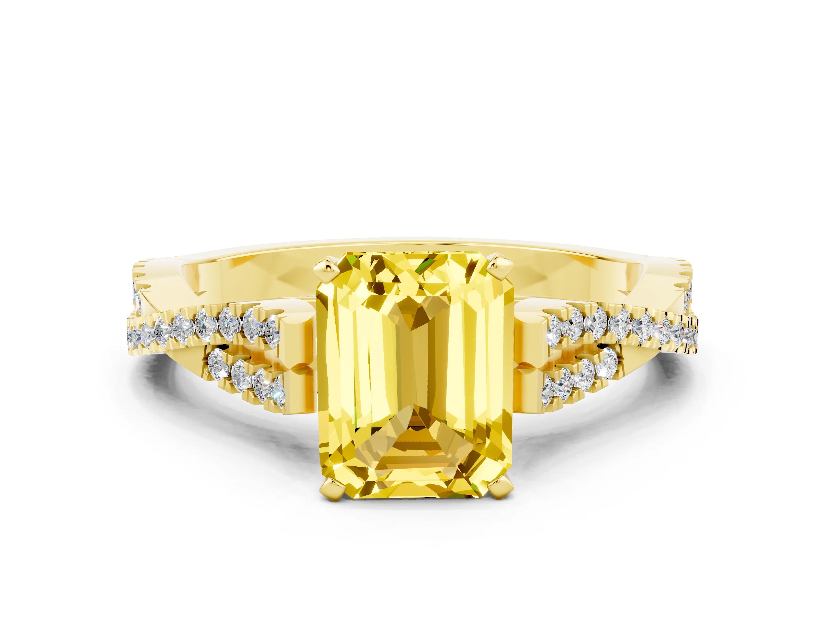 Yellow gold Emerald Cut Yellow Sapphire Solitaire Engagement Ring with Twisted Pavé Band and Four-Prong Setting_12