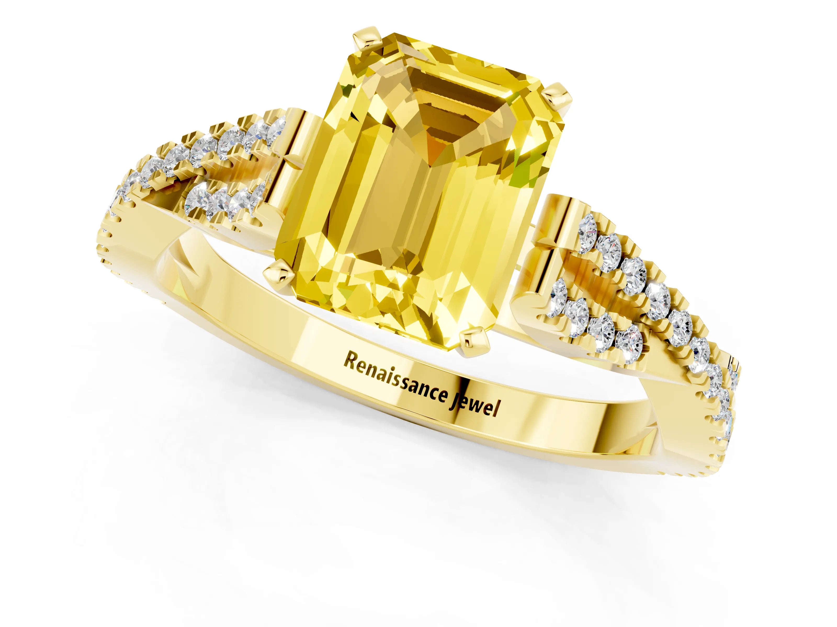 Yellow gold Emerald Cut Yellow Sapphire Solitaire Engagement Ring with Twisted Pavé Band and Four-Prong Setting_13