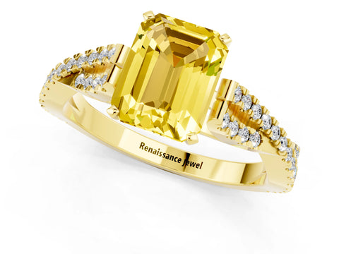 Yellow gold Emerald Cut Yellow Sapphire Solitaire Engagement Ring with Twisted Pavé Band and Four-Prong Setting_13