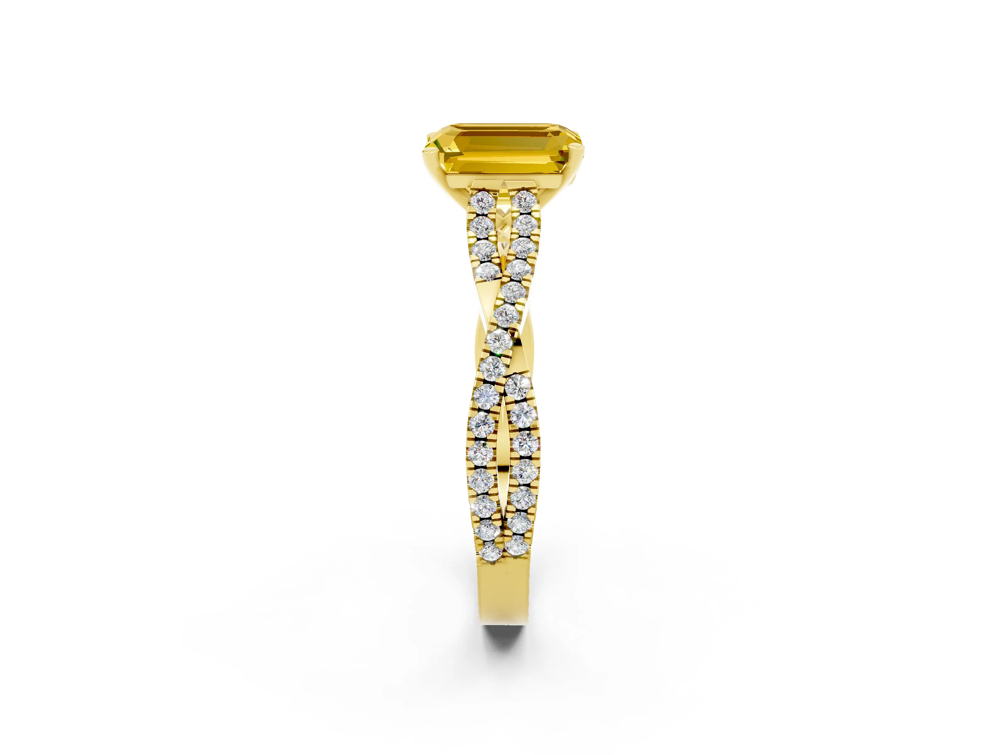Yellow gold Emerald Cut Yellow Sapphire Solitaire Engagement Ring with Twisted Pavé Band and Four-Prong Setting_14