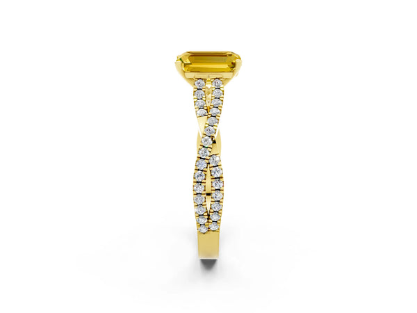 Yellow gold Emerald Cut Yellow Sapphire Solitaire Engagement Ring with Twisted Pavé Band and Four-Prong Setting