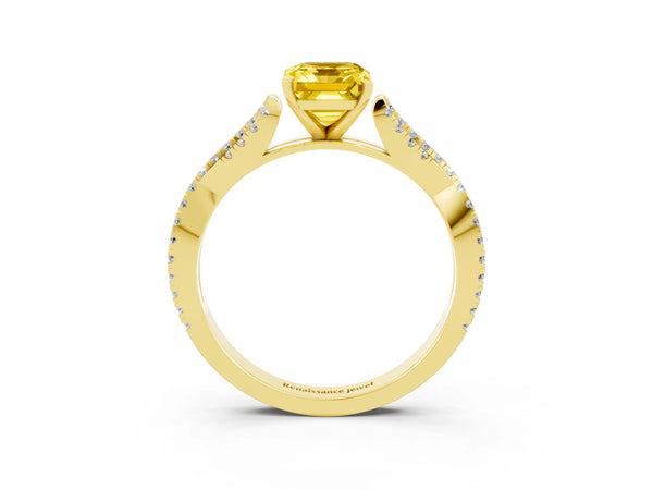 Yellow gold Emerald Cut Yellow Sapphire Solitaire Engagement Ring with Twisted Pavé Band and Four-Prong Setting