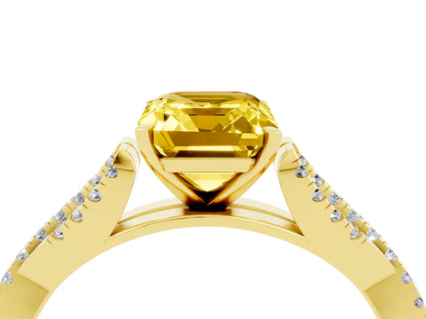 Yellow gold Emerald Cut Yellow Sapphire Solitaire Engagement Ring with Twisted Pavé Band and Four-Prong Setting_16
