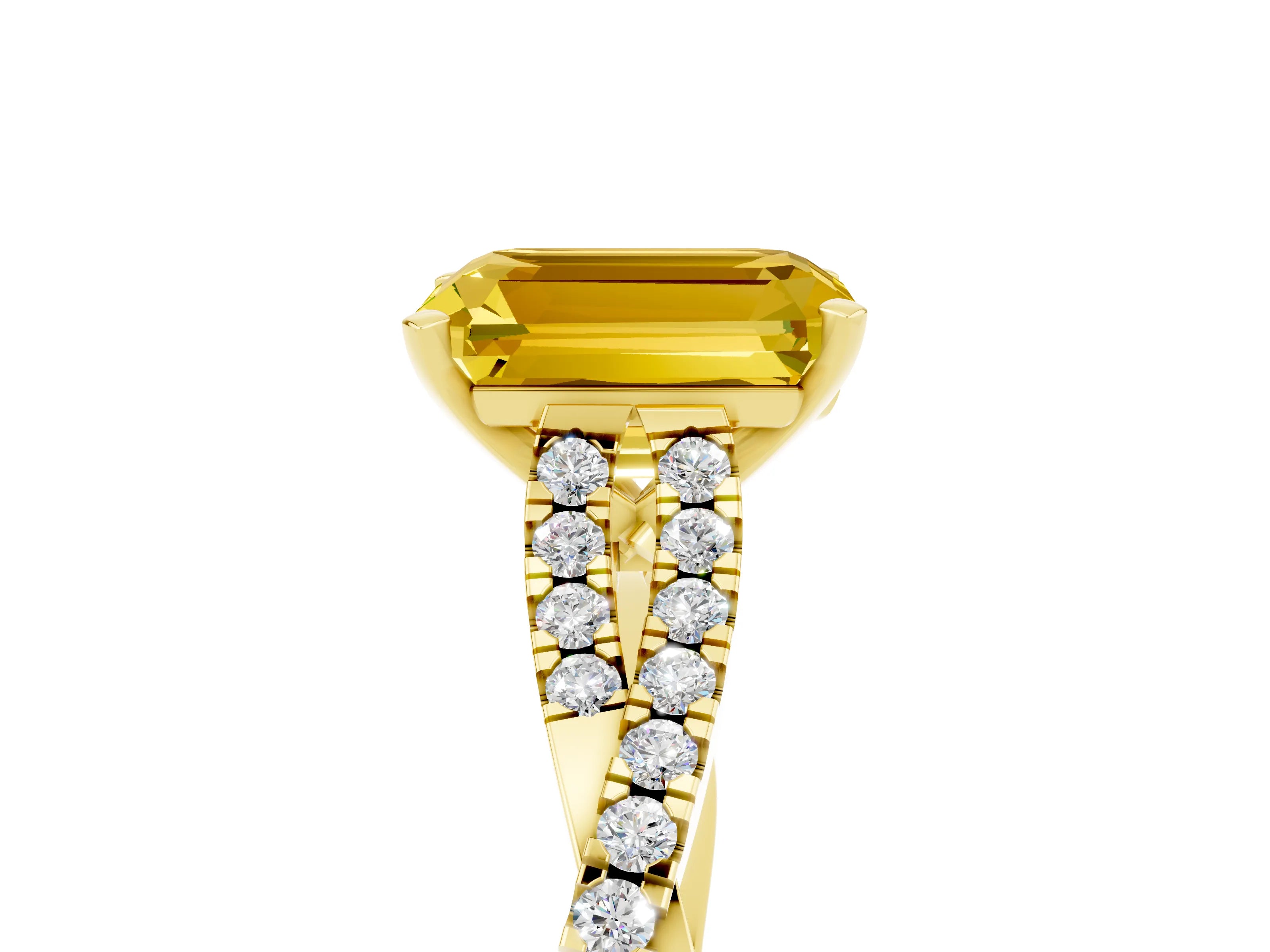 Yellow gold Emerald Cut Yellow Sapphire Solitaire Engagement Ring with Twisted Pavé Band and Four-Prong Setting_17