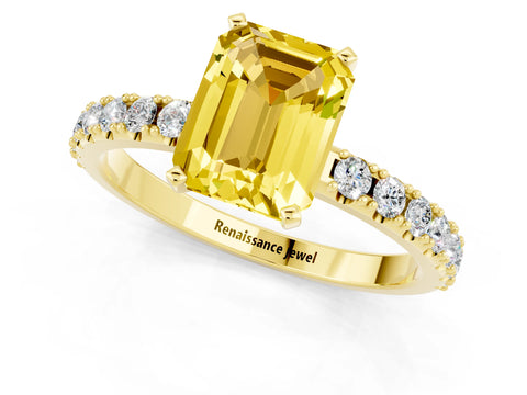 Yellow gold Emerald Cut Yellow Sapphire Solitaire Pavé Band with Four-Prong Setting_25