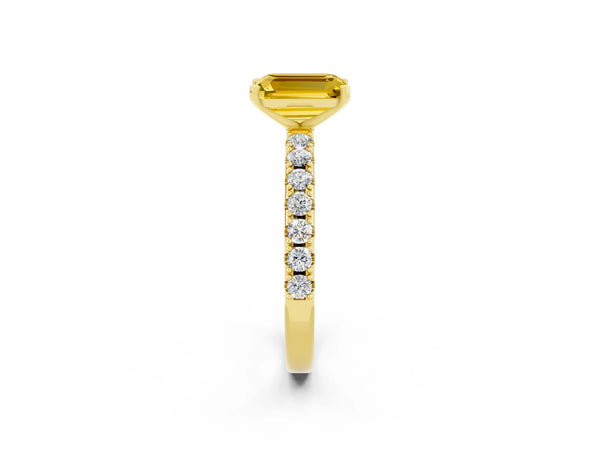 Yellow gold Emerald Cut Yellow Sapphire Solitaire Pavé Band with Four-Prong Setting