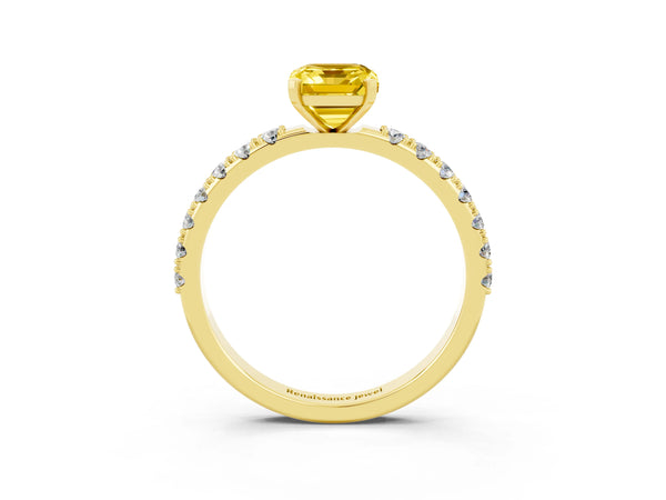 Yellow gold Emerald Cut Yellow Sapphire Solitaire Pavé Band with Four-Prong Setting