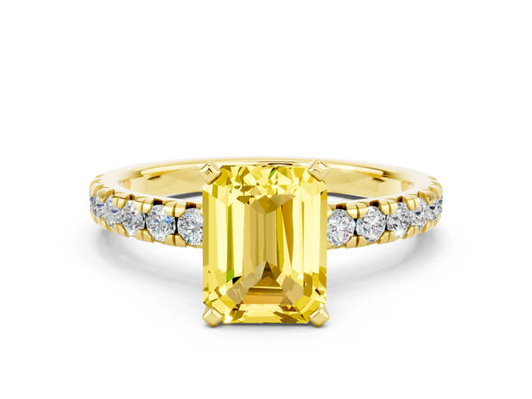 Yellow gold Emerald Cut Yellow Sapphire Solitaire Pavé Engagement Ring with Round Band and Prong Setting