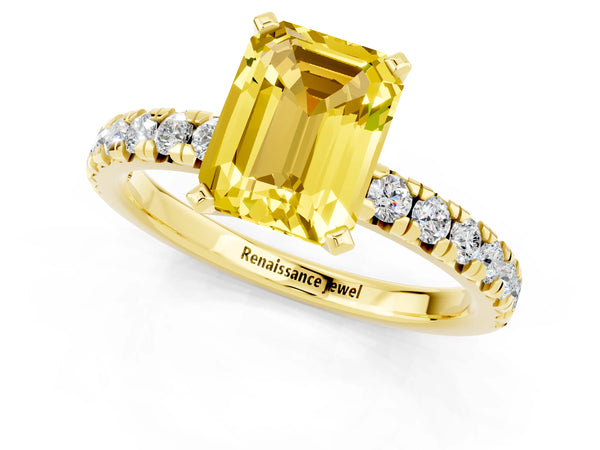 Yellow gold Emerald Cut Yellow Sapphire Solitaire Pavé Engagement Ring with Round Band and Prong Setting