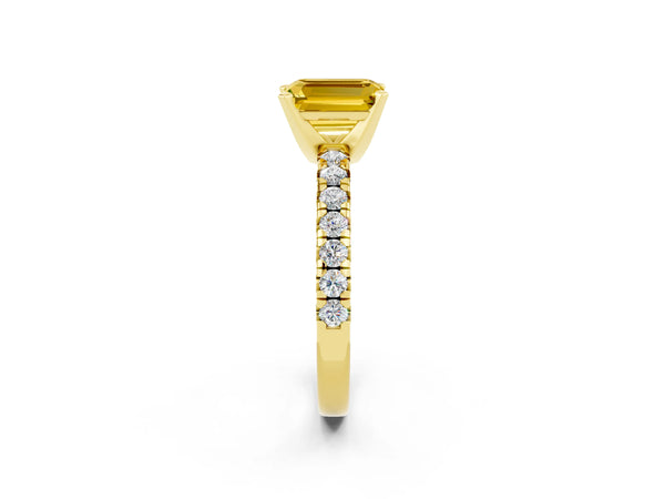 Yellow gold Emerald Cut Yellow Sapphire Solitaire Pavé Engagement Ring with Round Band and Prong Setting