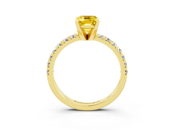 Yellow gold Emerald Cut Yellow Sapphire Solitaire Pavé Engagement Ring with Round Band and Prong Setting