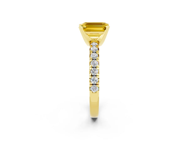 Yellow gold Emerald Cut Yellow Sapphire Solitaire Pavé Engagement Ring with Round Band and Prong Setting