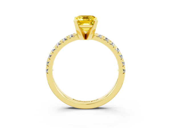 Yellow gold Emerald Cut Yellow Sapphire Solitaire Pavé Engagement Ring with Round Band and Prong Setting
