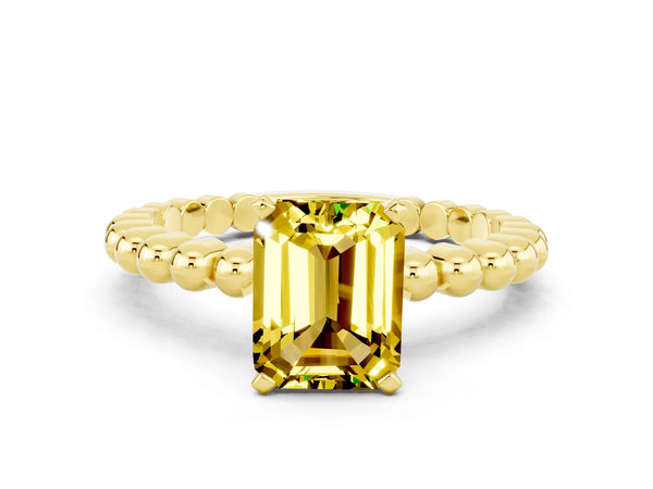 Yellow gold Emerald Cut Yellow Sapphire Solitaire Ring with Beaded Band and Prong Setting