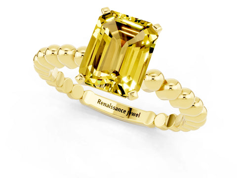 Yellow gold Emerald Cut Yellow Sapphire Solitaire Ring with Beaded Band and Prong Setting_1