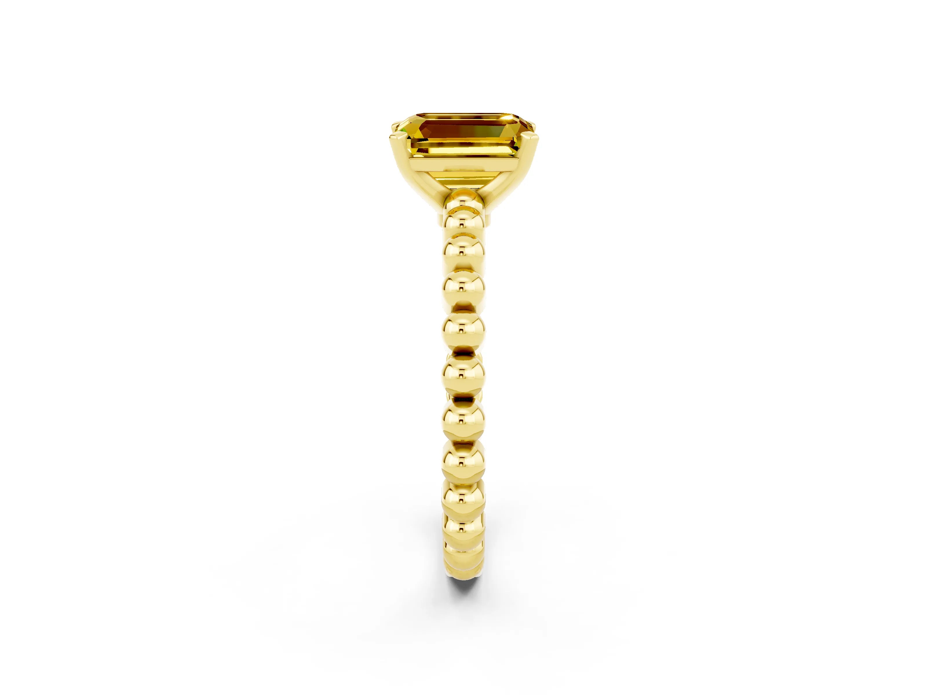 Yellow gold Emerald Cut Yellow Sapphire Solitaire Ring with Beaded Band and Prong Setting_2