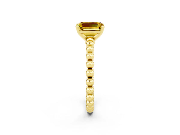 Yellow gold Emerald Cut Yellow Sapphire Solitaire Ring with Beaded Band and Prong Setting