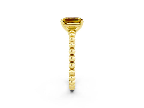 Yellow gold Emerald Cut Yellow Sapphire Solitaire Ring with Beaded Band and Prong Setting_2