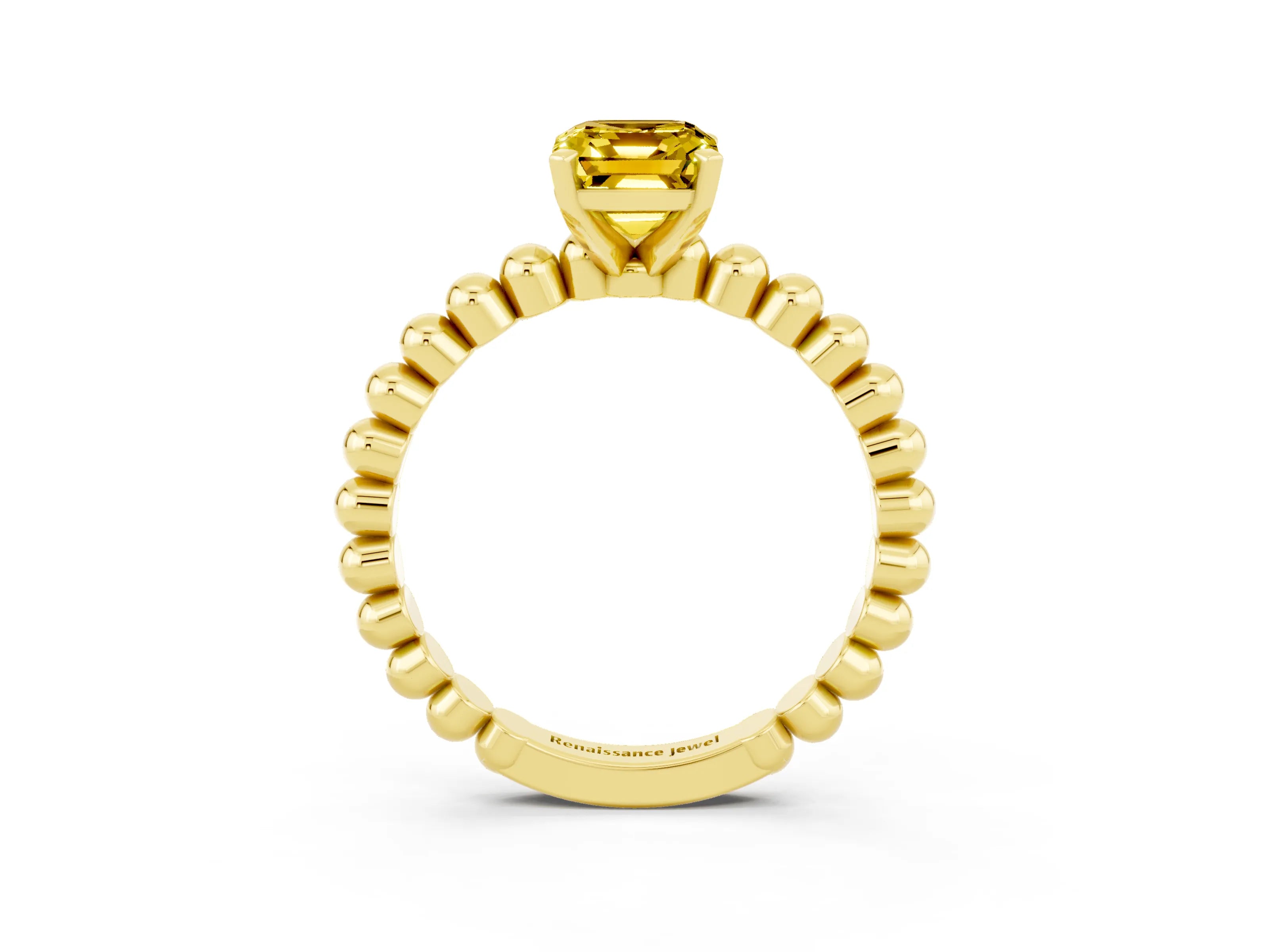 Yellow gold Emerald Cut Yellow Sapphire Solitaire Ring with Beaded Band and Prong Setting_3