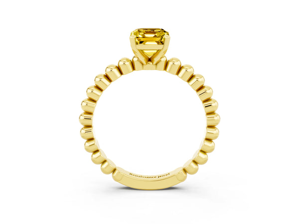 Yellow gold Emerald Cut Yellow Sapphire Solitaire Ring with Beaded Band and Prong Setting