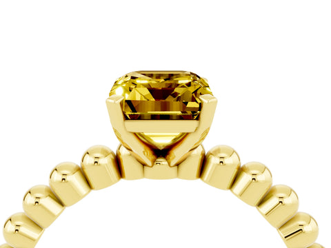 Yellow gold Emerald Cut Yellow Sapphire Solitaire Ring with Beaded Band and Prong Setting_4
