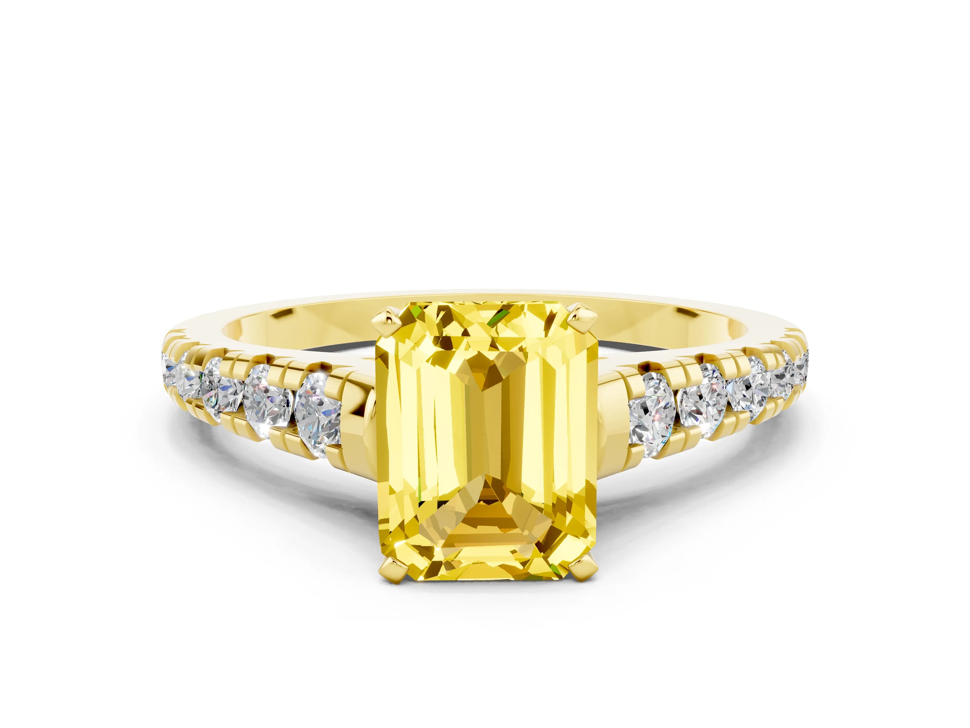 Yellow gold Emerald Cut Yellow Sapphire Solitaire Ring with Cathedral Setting and Pavé Band_24
