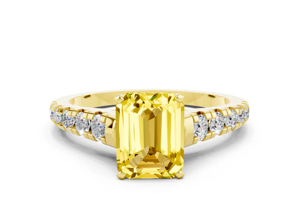 Yellow gold Emerald Cut Yellow Sapphire Cathedral Solitaire Ring with Round  Pavé Band